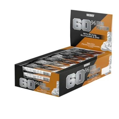 Afbeelding van WEIDER 60% proteïnereep, proteïnerepen met het hoogste eiwitgehalte op de markt, High Proteïnereep glutamine en BCAA voor spieropbouw fitness, 24 stuks á 45 g, Salted Peanut Caramel