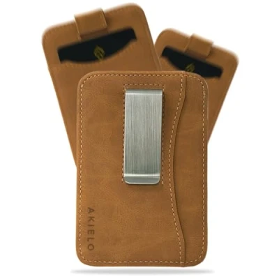 Afbeelding van AKIELO RFID Blokkerende Kaarthouder met Geldclip en Geschenkdoos Compacte Dunne Portemonnee Minimalistische Kaart (CHARLIE Tan Clip Editie)