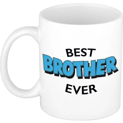 Afbeelding van Best brother ever cadeau koffiemok / theebeker wit met blauwe letters 300 ml feest mokken