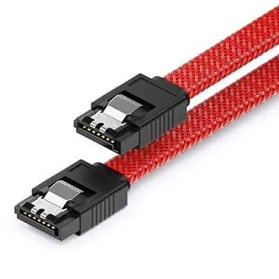 Afbeelding van deleyCON 30 cm SATA 3 Kabel Nylon 6 Gbit/s Datakabel III Aansluitkabel Seriële ATA voor Moederbord &amp; Harde Schijf HDD SSD 2 S L Stekker Recht Rood