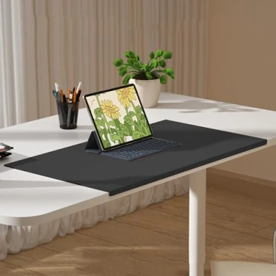 Afbeelding van Bureau onderlegger, laptop, bureau, schrijfmat, bureaumat, antislip PU lederen toetsenbordmat met randbeschermer voor kantoor, bureaubeschermer, 110 x 50 cm, zwart