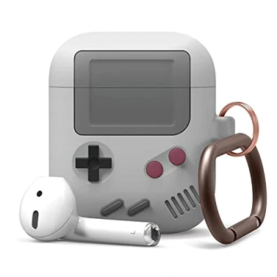 Afbeelding van elago AW5 beschermhoes compatibel met Apple AirPods 1 en 2, gameconsole design, karabijnhaak (grijs)