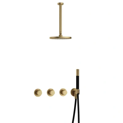 Afbeelding van Hotbath Cobber Regendoucheset IBS70 Geborsteld Messing Staaf handdouche 20cm Hoofddouche 30cm Plafondbuis Handouche met wandhouder
