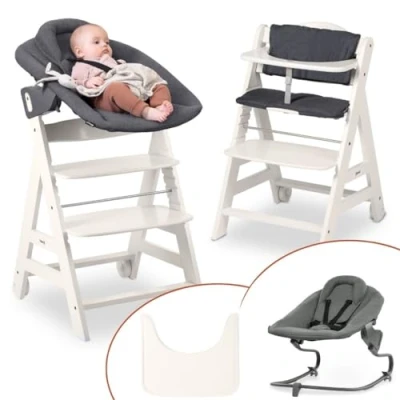 Afbeelding van Hauck Hoge stoel Beta Newborn Premium babystoel set vanaf de geboorte met pasgeborenen opzetstuk bouncer, zitkussen en eetplank wit donkergrijs