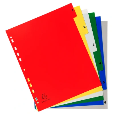 Afbeelding van Exacompta ref. 2506E Gekleurde polypropyleen tabbladen met 6 numeriek gedrukte tabs van 1 tot in kleur Afdrukbare indexpagina Formaat A4 Maxi Afmetingen: 24,5 x 29,7 cm