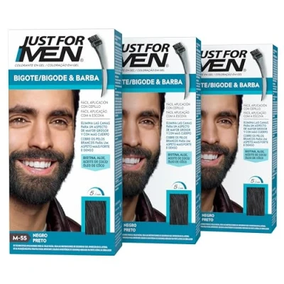 Afbeelding van Just For Men Snor en baardkleur, zwart, verwijdert grijze haren voor een dikker voller uiterlijk, inclusief applicatorkwast M55 (verpakking van 3 stuks)