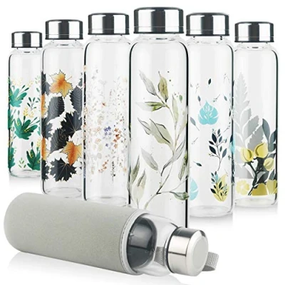 Afbeelding van Reeho Waterfles van borosilicaatglas, glazen drinkfles met neopreenhoes en lekvrij roestvrijstalen deksel, 500 ml, 1000 1 liter