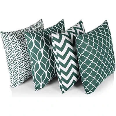 Afbeelding van Penguin Home 3479 100% Katoen Decoratieve Dubbelzijdige Vierkante Kussenhoezen Met Onzichtbare Rits 4 Delige Set, Forest Groen/Wit Patroon, 45 x cm