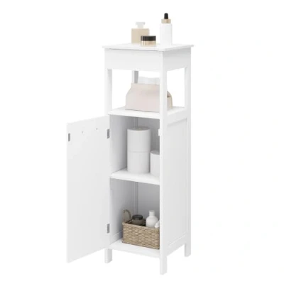 Afbeelding van EUGAD badkamerkast met zuil, ruimtebesparende één deur, witte kast open plank, voor keuken, woonkamer, hal, MDF