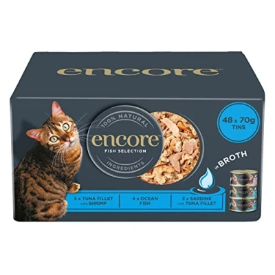 Afbeelding van Encore Natuurlijk natvoer voor katten, multipack met viskeuze in bouillon volwassenen, verpakking 48 blikjes à 70 g