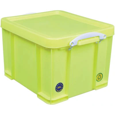Afbeelding van Really Useful Box opbergdoos 35 liter, neongeel met witte handvaten