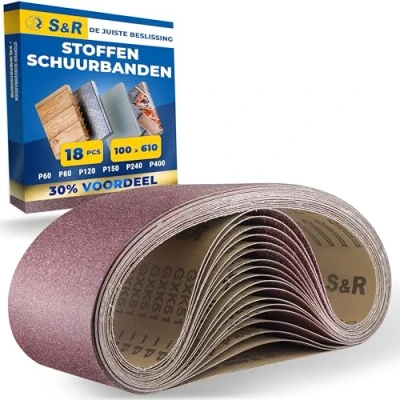 Afbeelding van S&amp;R Schuurbandset, 18 stuks, 100 x 610 mm, elk 3 P60/P80/P120/P150/P240/P400 voor bandschuurmachines, scheurbestendig weefsel schuurpapier, schuurband, schuurband hout, metaal, plastic,