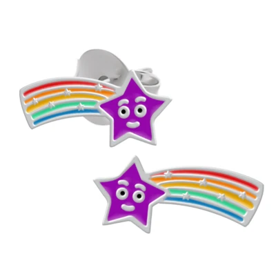 Afbeelding van Oorbellen meisjes zilver Zilveren oorstekers, paarse vallende ster met regenboogstaart