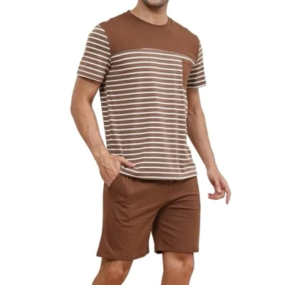 Afbeelding van Reliwel pyjama heren korte katoenen tweedelige set zomer shorty met ronde hals T shirt en pyjamabroek zak zachte nachtkleding huispak sleepwear, bruin, M