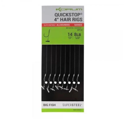 Afbeelding van Korum Supersteel Allrounder Big Fish Quickstop Hair Rigs 4&quot; Barbed (8 pcs) Maat : Haak 10 0.28mm