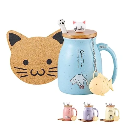 Afbeelding van BigNoseDeer Leuke mokken Kawaii kattenmok keramische koffiemok theekop met infuser en deksel lepel theemok schattige coole preppy dingen geschenken voor vrouwen (blauw 368 g)