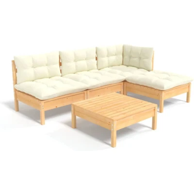 Afbeelding van 5 delige Loungeset met crèmekleurige kussens grenenhout