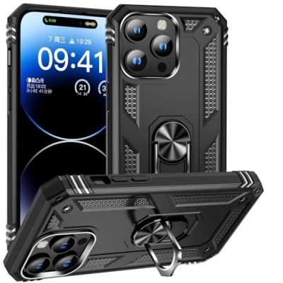 Afbeelding van Hoesje voor iPhone 15 Pro Max Case Schokbestendige Beschermhoes met 360 Graden Draaibare Ring Rugged Bumper Shell Metalen Ringsteun Armor Shockproof Cover (iPhone Max, Zwart)