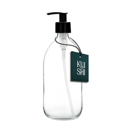 Afbeelding van Kuishi Transparante glazen pompflesdispenser, navulbare zeepdispenserfles met zwarte plastic pomp voor het verminderen van afval (BPA vrij) (500 ml)