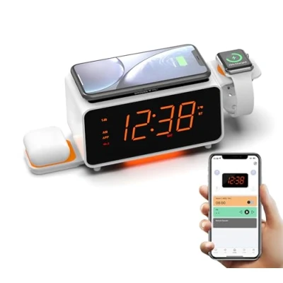 Afbeelding van Wekkerradio met dubbele draadloze oplaadfunctie Bluetooth luidspreker, digitale FM radio, 2 USB poorten, snooze, automatische en handmatige dimmerregeling 1,4 inch oranje display iTOMA CKS209