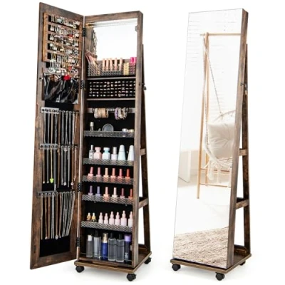 Afbeelding van Costway Sieradenkast met wieltjes, spiegelkast, afsluitbaar ledlampen en verstelbare planken, staande spiegel, sieradenrek, full body voor kettingen, oorbellen, make up, rustiek bruin