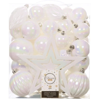 Afbeelding van Set 66x stuks kunststof kerstballen met ster piek parelmoer wit Kerstbal