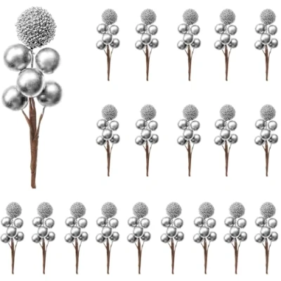 Afbeelding van RXXR Kunstmatige hulstbessen, 20 stuks kunstbessen, decoratie op draad, voor kerstboom, decoratie, bloemenkrans, doe het zelf handwerk (6 zilverkleurige bessen stelen)