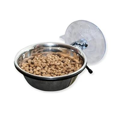 Afbeelding van K&amp;H PET PRODUCTS EZ Mount Up and Away Kitty Diner Cat Food Bowl die kan worden gemonteerd op ramen roestvrij/zwart 12oz