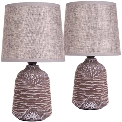 Afbeelding van BRUBAKER Set van 2 tafellampen Bedlampjes 27,5 cm Decoratieve Keramische lampvoeten Natuurlijke Structuur linnen kap grijs/bruin