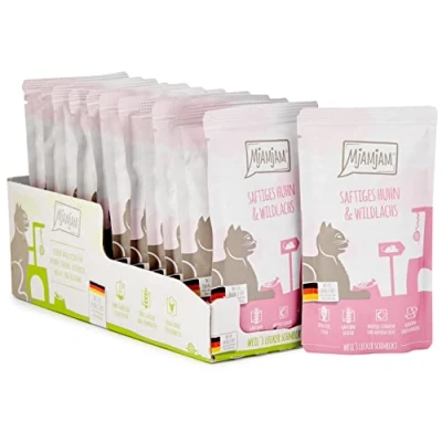 Afbeelding van MjAMjAM premium natvoer voor katten sappige kip en wilde zalm, pak van 12 (12 x 125 g), graanvrij met extra vlees