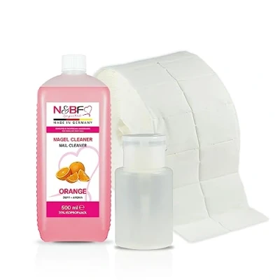 Afbeelding van NAILS FACTORY N&amp;BF nagelreinigingsset met geur 500 ml + dispenser pompflesje wit 150 1000 cellulose pads (2 rollen à stuks) 70% isopropanol alcohol voor gelnagels (oranje)
