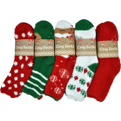 Afbeelding van Kerstsokken / huissokken Dames 2 paar cosy socks kerstman en koekjes Maat 36 41/TU Anti slip Kerstmis