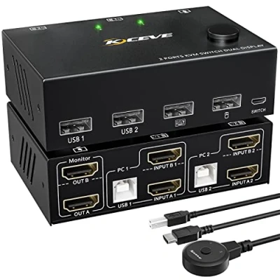 Afbeelding van ESKEVE KVM switch 2.0, 2 pc&#039;s, monitoren, 4K @60Hz Extended Display, monitoren met 4 USB 2.0 poorten voor pc toetsenbord, muis, kabelafstandsbediening en kabel inbegrepen