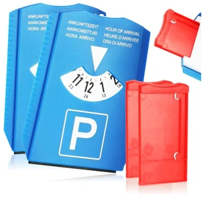 Afbeelding van COM FOUR® 2x parkeerschijf met ijskrabber, rubberen lip en noodvak voor ongevallenmeldingen winkelwagenchips (2 stuks noodvak)