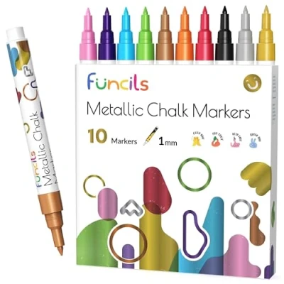 Afbeelding van Funcils Metallic vloeibare krijtstiften voor schoolbordborden, schoolbord, venster, labels, bistro, glas, auto (10 stuks, 1 mm) Natte wisbare inkt krijtbordmarkeringen, extra fijne punt