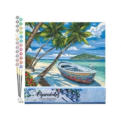 Afbeelding van Figured&#039;Art Schilderen op Nummer Volwassenen canvas Boot onder de palmbomen Handwerk acrylverf Kit DIY Compleet 40x50cm zonder frame