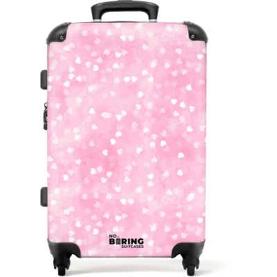 Afbeelding van NoBoringSuitcases.com Grote koffer Roze glitter hartjes Kinderkoffer geschikt voor jongen en meisjes Reiskoffer met 4 wielen Trolley op wieltjes Rolkoffer groot kinderen 72 liter Ruimbagage valies 20kg
