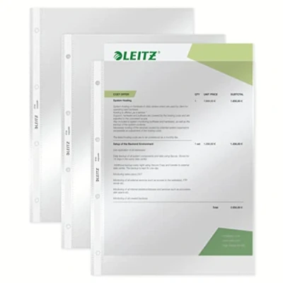 Afbeelding van Leitz Super Premium brochurehoesjes, 10 stuks, A4 formaat, glashelder met glanzend oppervlak, opening bovenkant, 0,08 mm pvc hardfolie, 47343000, transparant