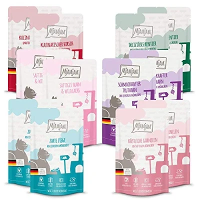 Afbeelding van MjAMjAM premium natvoer voor katten gemengd pakket V 2* wilde zalm, garnalen, hert, rendier, geit, kalkoen Pak van 12 (12 x 125 g), graanvrij met extra vlees