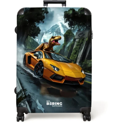 Afbeelding van NoBoringSuitcases.com® Koffer groot Reiskoffer lichtgewicht T Rex op oranje sportauto in regenachtig woud Rolkoffer met 4 wielen Grote trolley XL 98 liter bagage