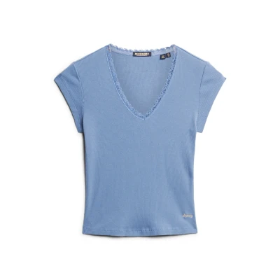 Afbeelding van Superdry Essential TRIM Vneck Tshirt print, Dames, Maat: 38, Wedgewood blue