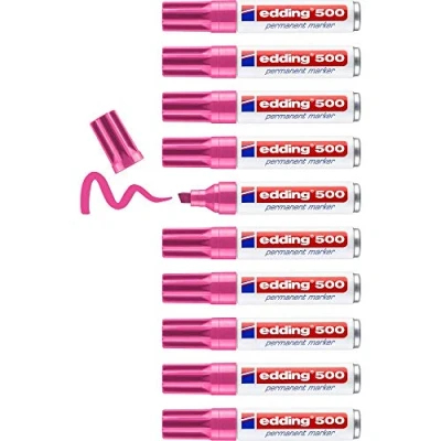Afbeelding van edding 500 permanent marker roze 10 stiften beitelpunt 2 7 mm watervast, sneldrogend wrijfvast voor karton, kunststof, hout, metaal, glas