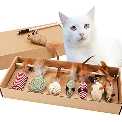 Afbeelding van 7 stuks kattenspeelgoed, interactief verschillende speeltjes, gebruikt om katten te plagen en interageren