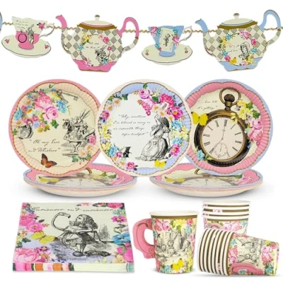 Afbeelding van Alice in Wonderland Feestdecoraties &amp; Servies voor 16 Gasten Borden, Servetten, Theekopjes Bunting Tafelkleed Mad Hatter Afternoon Tea, Verjaardag, Babyshower, Moederdag Gemaakt door Talking