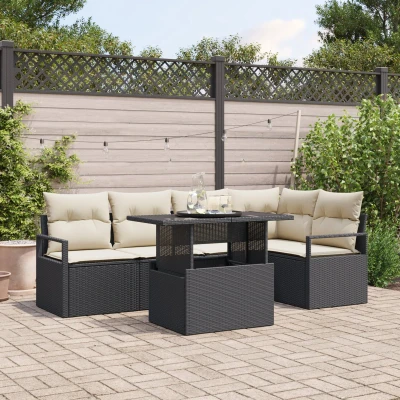 Afbeelding van vidaXL 6 delige Tuinsofa Set met Kussens Zwart Poly Rattan