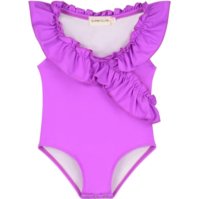Afbeelding van Supercute baby badpak paars met ruffels en goudkleurige drukknoopjes maat 98