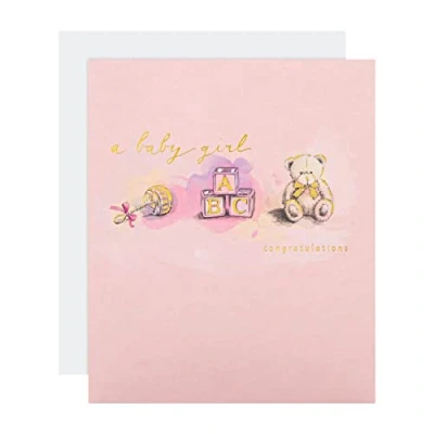 Afbeelding van Hallmark Geboortekaart voor babymeisjes traditioneel ontwerp met goudfolie belettering en details