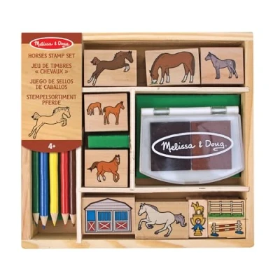Afbeelding van Melissa &amp; Doug Activiteitenset met houten stempels: Paardenstal 10 stempels, 5 kleurpotloden en stempelkussen 2 kleuren