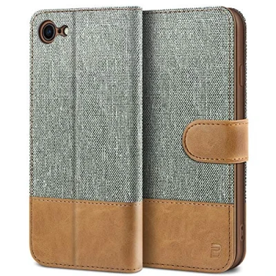 Afbeelding van BEZ iPhone SE 2020 Hoesje, Hoesje Book Case Leer Wallet, Flip Wallet [Canvas Kunstleer] met Creditcardhouders, Standaard, Magnetische Sluiting, Grijs