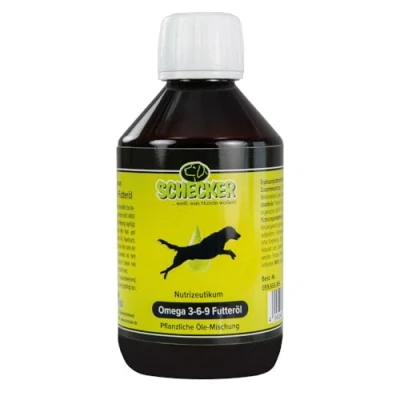 Afbeelding van Schecker Omega 3 Plus 6 voederolie voor de hond, koudgeperst, rijk aan onverzadigde vetzuren, honden met vachtproblemen